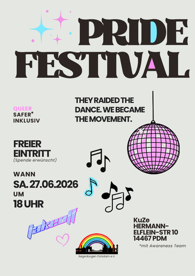 Pride Festival am 27. Juni 2026 im KUZE Potsdam ab 18 Uhr